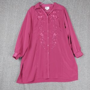 MAGGIE SWEET WOMENS VTG RASPBERRY MAGENTA FLORAL EMBROIDERED BUTTON UP TUNIC 1X